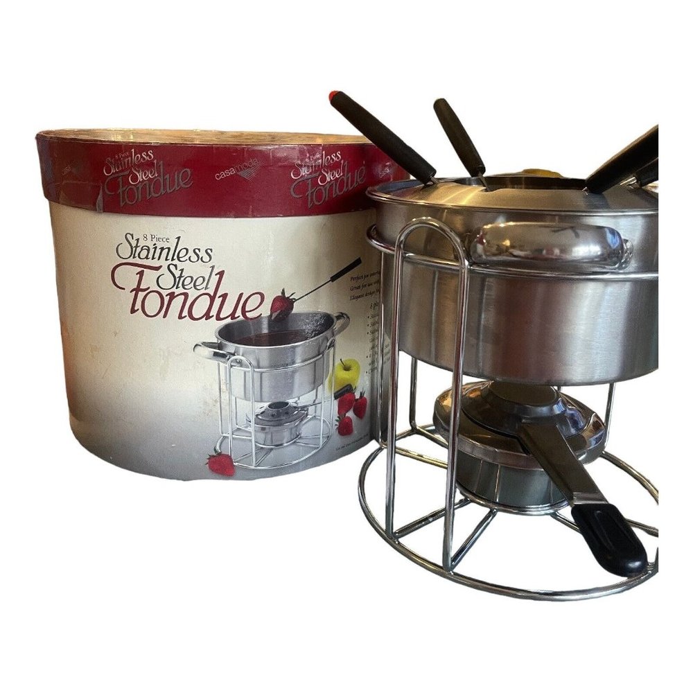 CasaModa Cheese & Chocolate Fondue 8 Piece Set NOB Stainless Steel 4 Forks